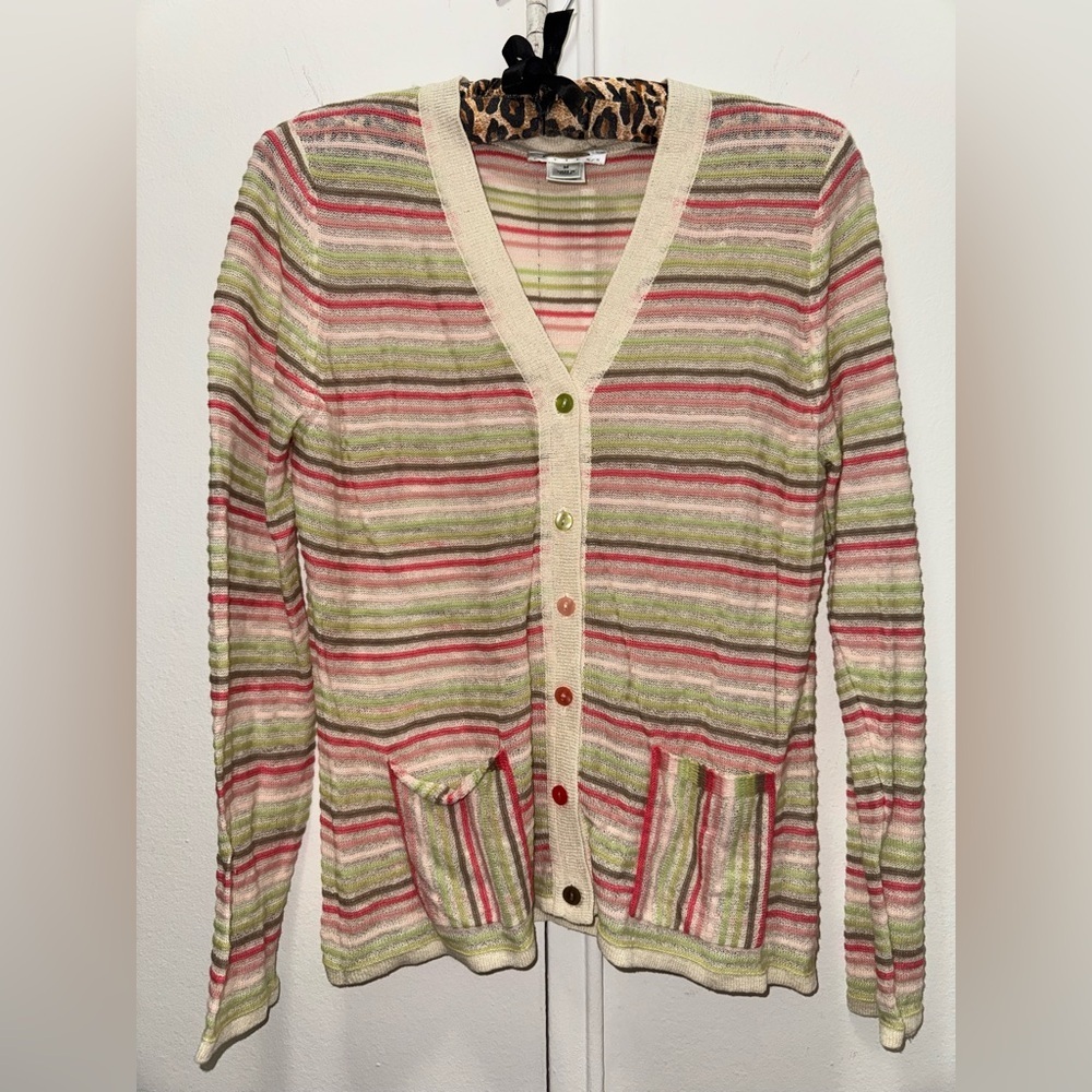 Vintage Talbots Cardigan Candy Striped Linen Blend Button Front Lightweight Sz S